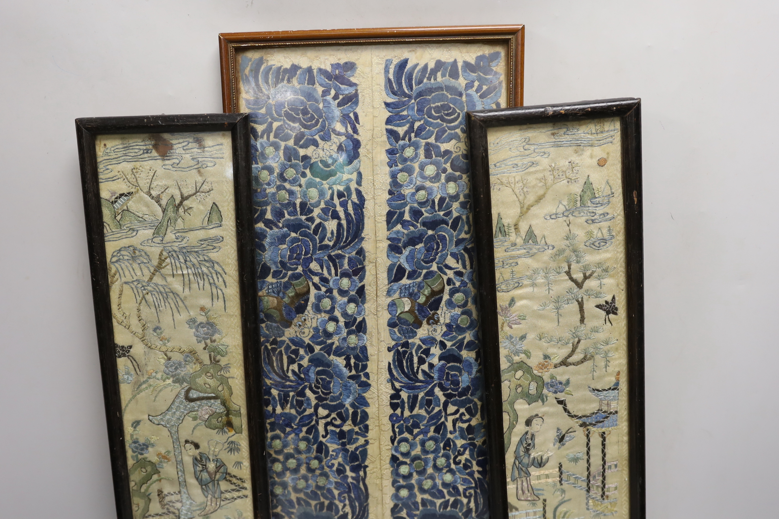 Three Chinese embroidered silk panels